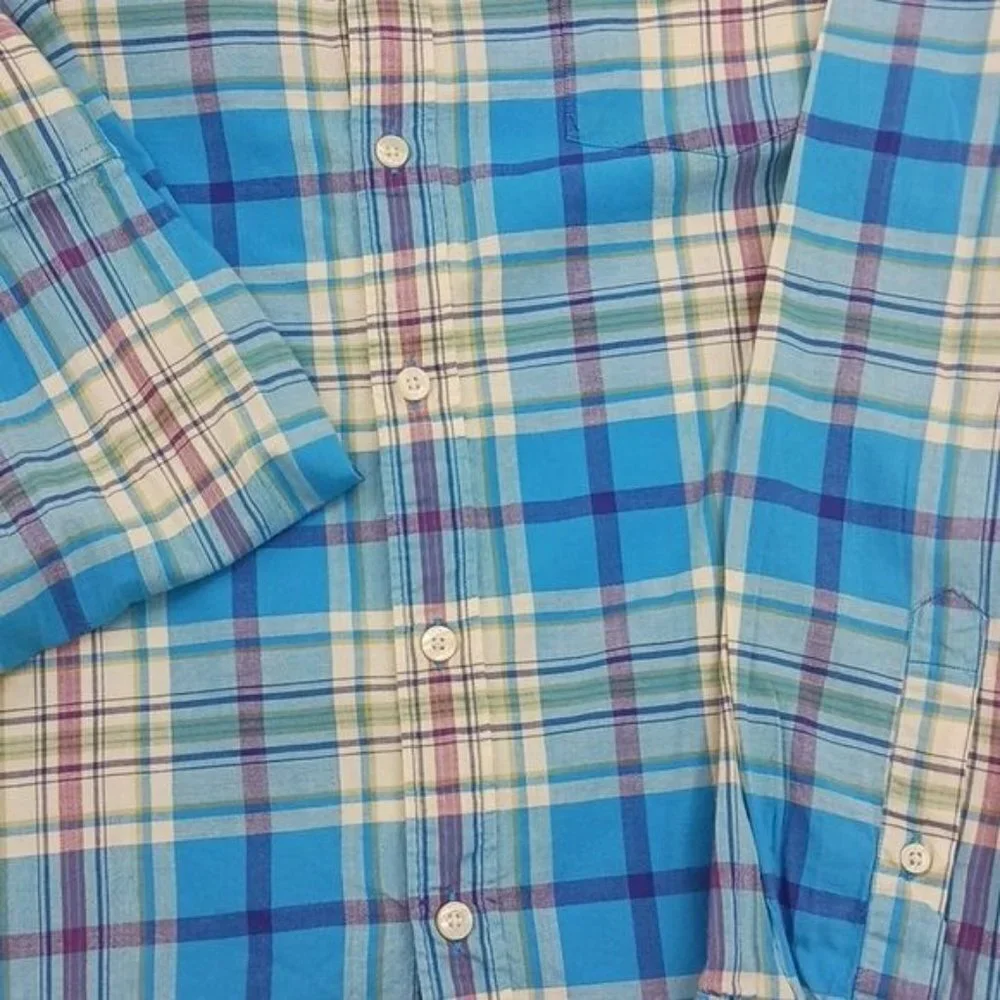 J Crew Mens L Summer Plaid Shirt Blue Button Down Long Sleeve Cotton Casual